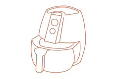 Line drawing of an air fryer with a front handle and control panel featuring two circular buttons or dials.