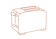 Simple line drawing of a two-slot toaster with a lever and two buttons visible on the side.