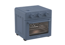 A blue countertop toaster oven with three control knobs and a glass door, shown on a plain light background.