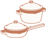 Illustration of two covered cookware items: a pot with two handles and a deep pan with a long handle.
