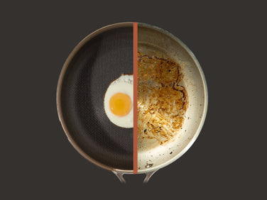A frying pan split down the middle; the left side is clean with a cooked egg, the right side is dirty with burnt residue, illustrating a comparison.