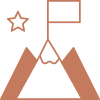 Simple graphic of a mountain with a flag at its peak and a star to the upper left, all in a monochrome brown color.