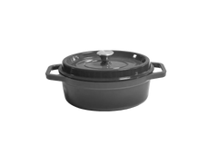 A black oval ceramic casserole dish with handles and a lid, placed on a plain white background.
